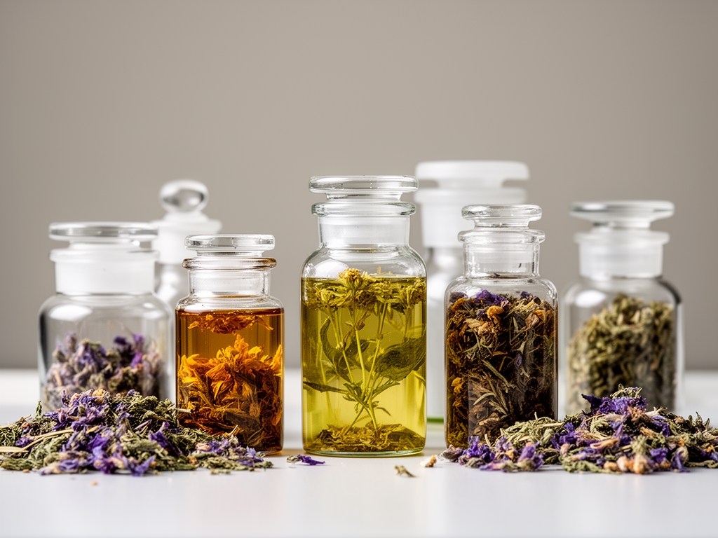 Staklene bočice sa biljnim ekstraktima i suvi cvetovi lekovitog bilja na naučnoj laboratorijskoj površini, neutralna pozadina naglašava transparentnost sadržaja