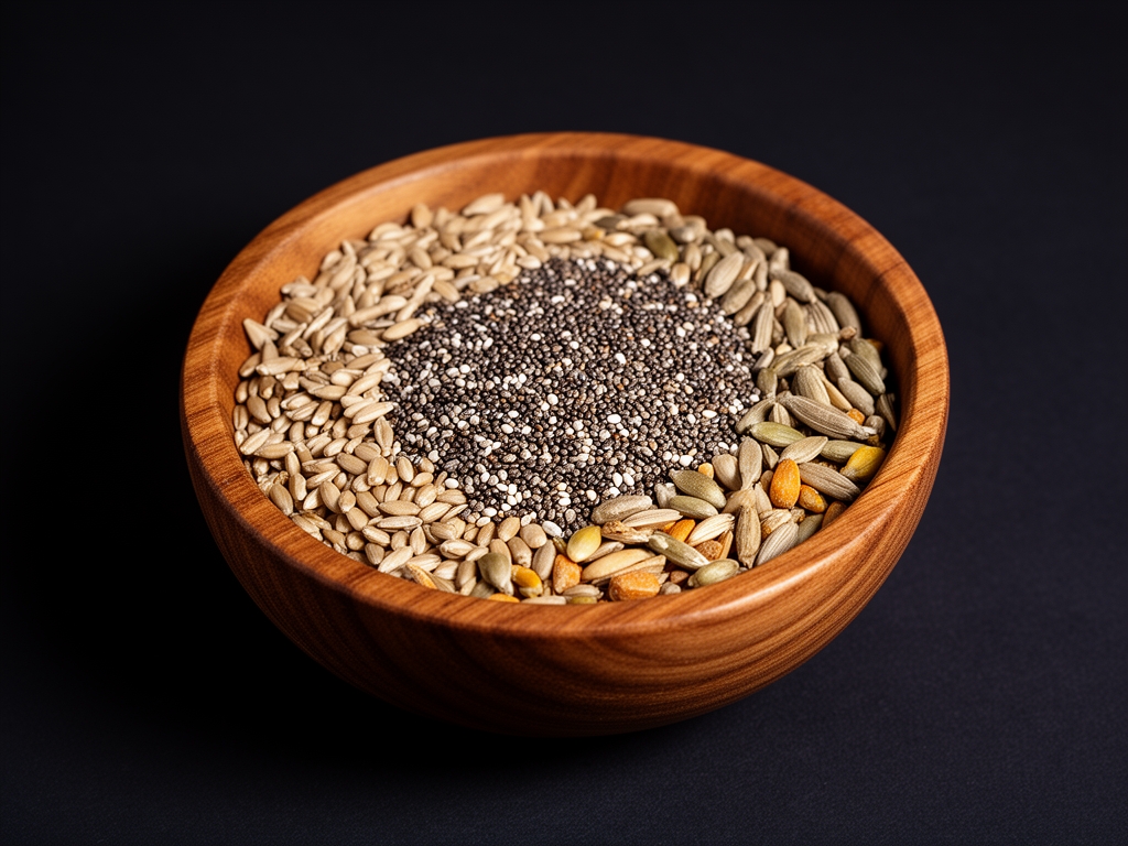 Drvena zdela puna raznovrsnih semenki: laneno seme, chia, suncokret, bundeva na tamnoj pozadini, osvetljeni bočnom lampom koja naglašava teksturu