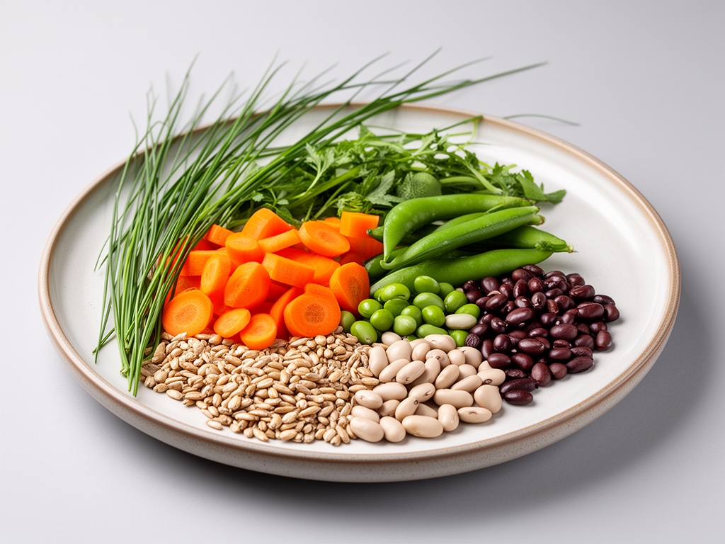 Uravnotežen zdrav obrok sa raznovrsnim povrćem, mahunarkama i cela zrna na elegantnoj keramičkoj ploči, minimalistično serviranje sa travkama za garnish