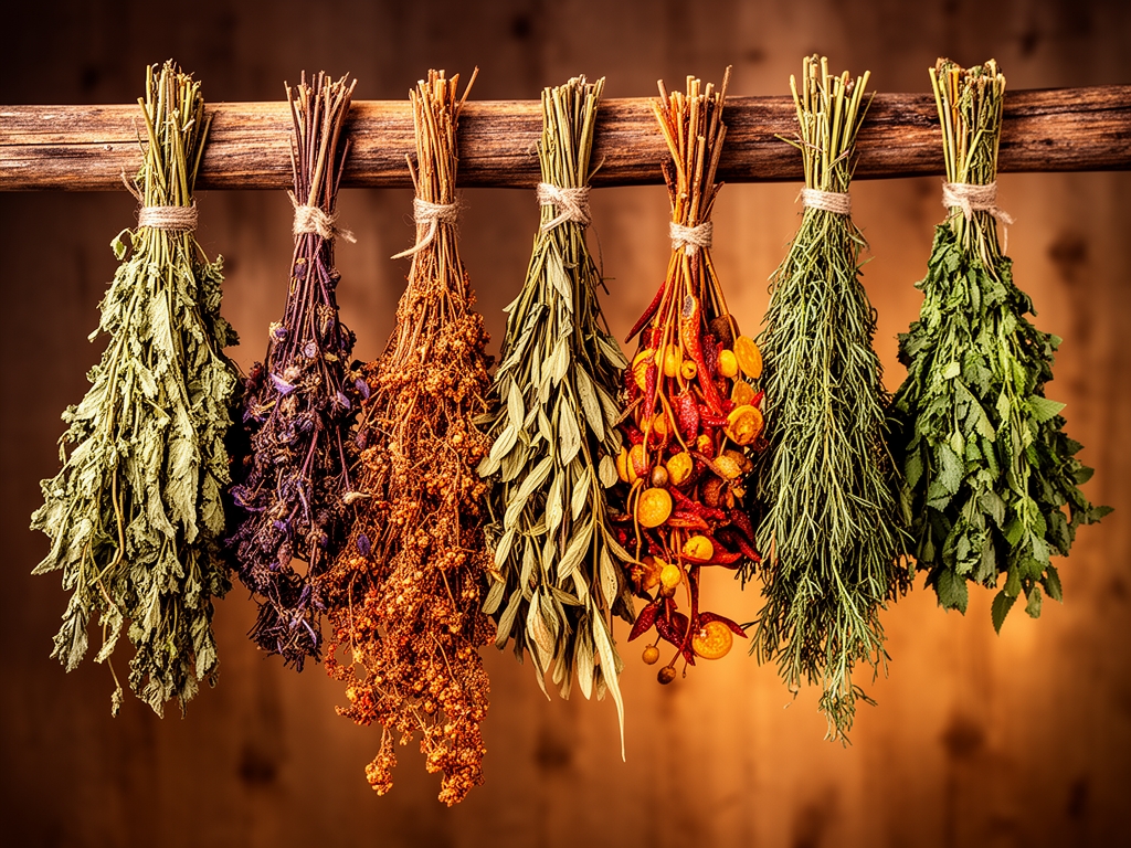 Niz raznolikih suvih začinskih biljaka vezanih u snopiće koji vise na rustikalnoj drvenoj gredi, toplije svetlo naglašava zemaljske boje i teksture