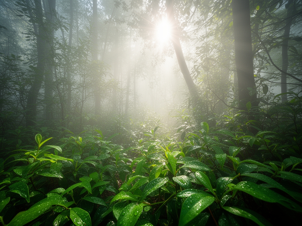 Sunčev zrak koji prodire kroz gustu šumsku vegetaciju u ranom jutru, naglašavajući maglovitu atmosferu i zelene nijanse lišća sa kapljicama rose